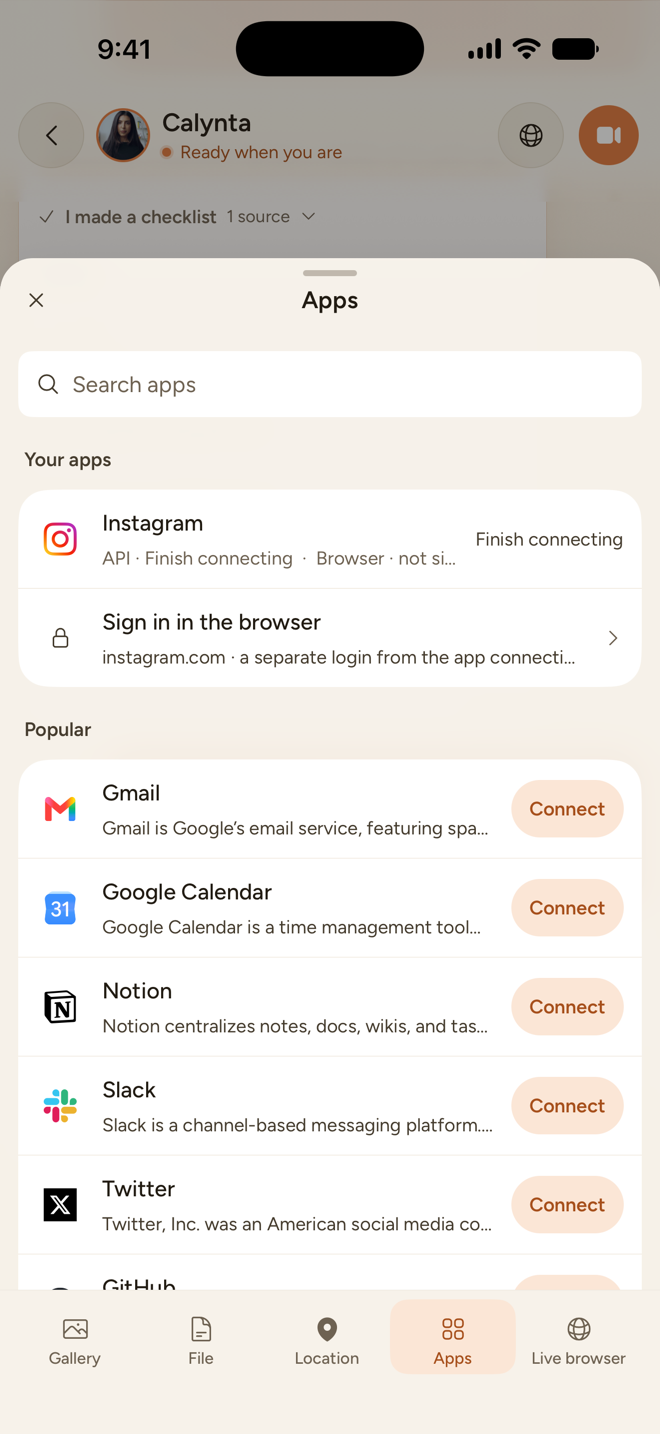 The Apps sheet in a chat: a search field, Your apps with one app still finishing its connection, and Popular apps each with a Connect button.
