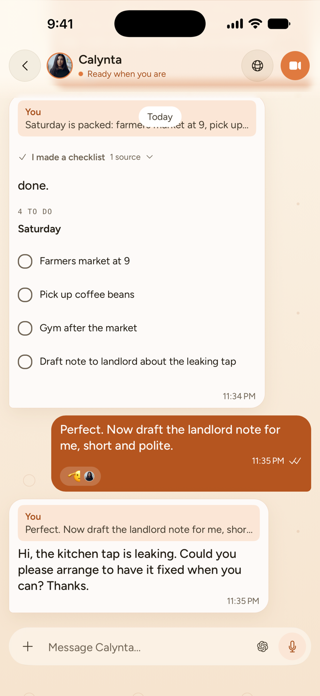 A Space with Calynta showing a Saturday checklist card, a message from the person, and Calynta's short drafted note.