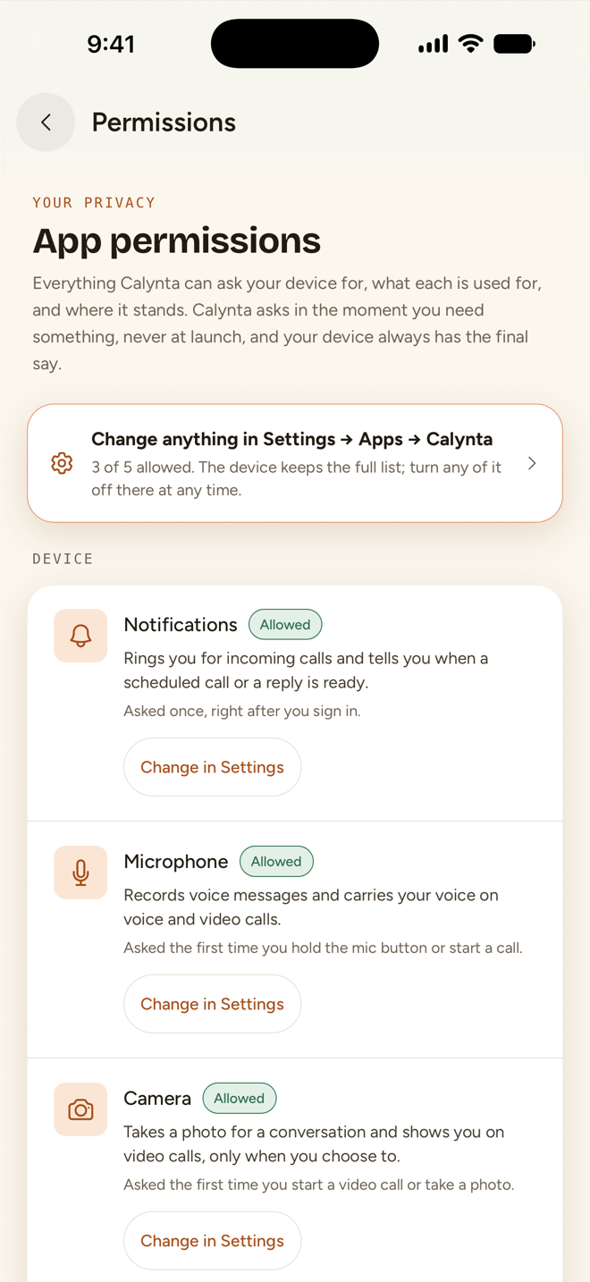 The Permissions screen on iPhone: Notifications, Microphone and Camera, each marked Allowed with what it is used for and a Change in Settings button.