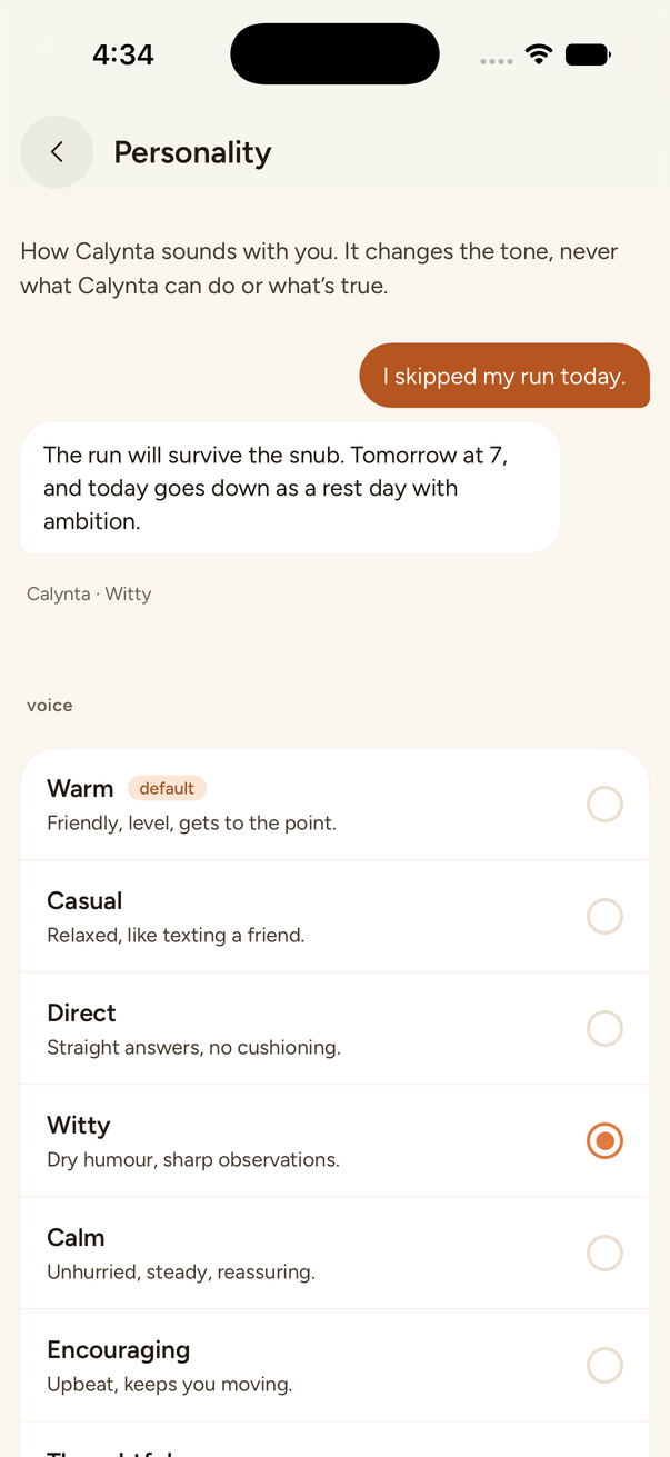 The Personality screen on an iPhone: a sample exchange answered in the Witty voice, above the list of eight voices with Witty selected.
